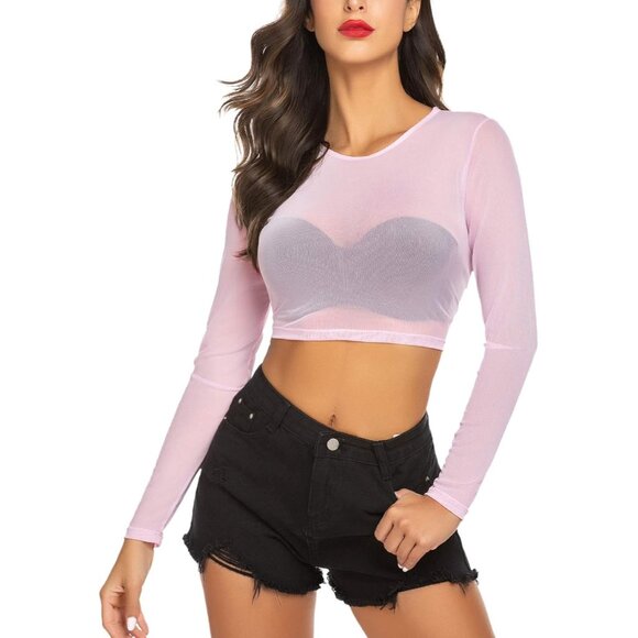 🆕 Women Pink Mesh Crop Top Long Sleeve See Through Shirt Sexy Sheer Cropped Tee - Picture 4 of 6
